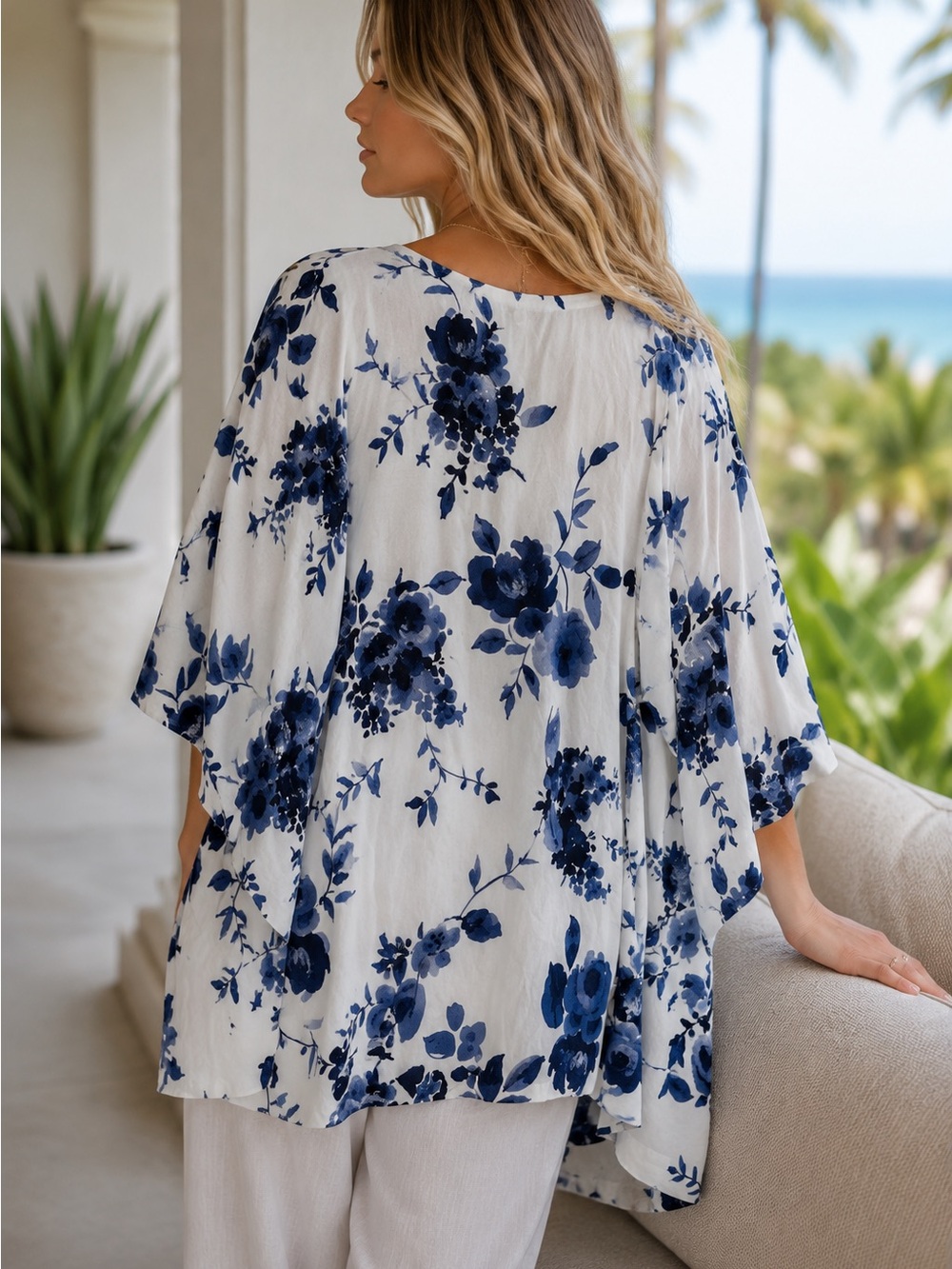 Yumi Kim Blue White Robe M Kimono Resort Boho Beach Resort Vacation Romantic Spa - Picture 2 of 14